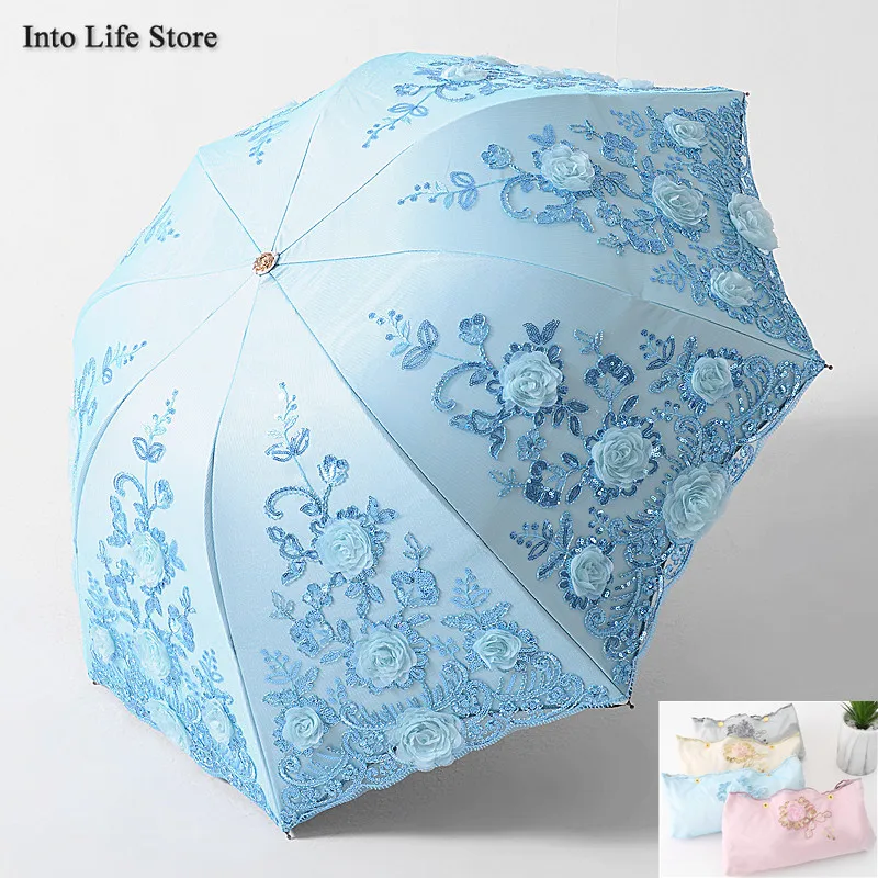 

Luxury Sun Beach Umbrella Women UV Three Folding Umbrellas Uv Lace Embroidery Parasols Windproof Double Layer Gift Ideas UPF50+