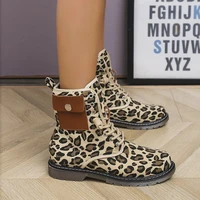 fashion leopard plus size platform boots for women square heel zapatos de mujer lace up short tube square heel botas de mujer