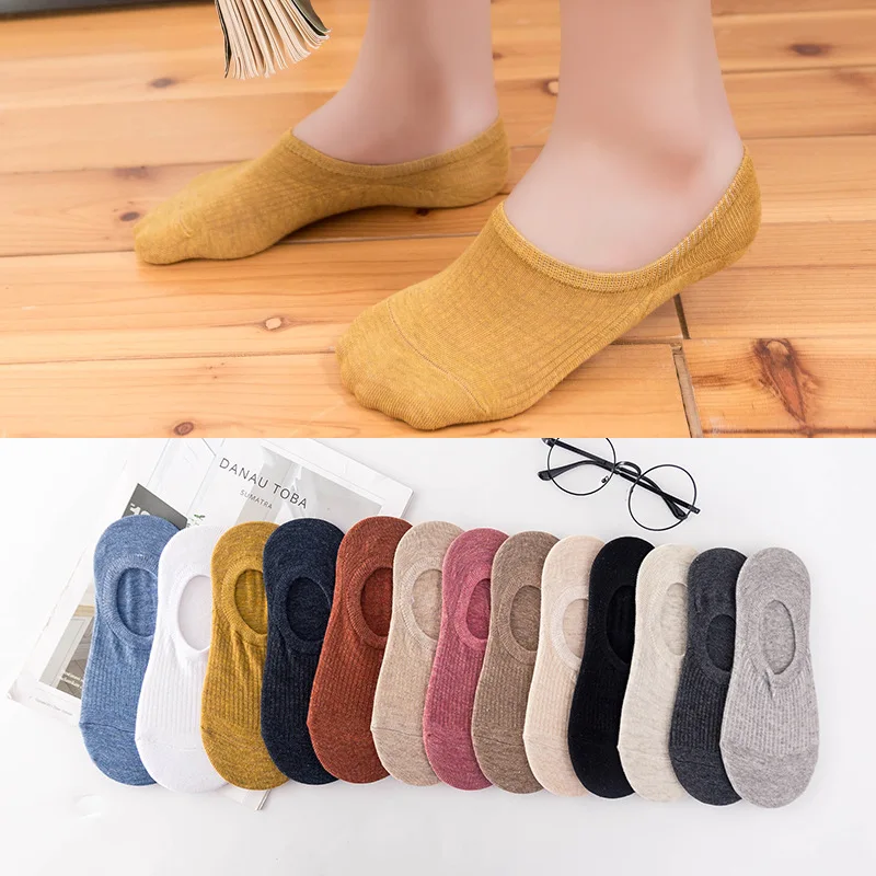 

Women's Shallow Mouth Cotton Socks Japanese Style Solid Stripe Invisible Ship Socks Silicone Non Slip Casual Female Short Socks