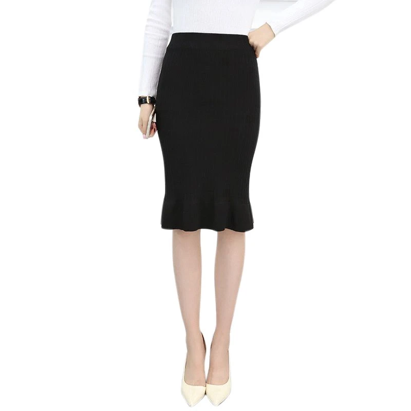 Женская трикотажная юбка-карандаш с высокой талией и оборками | одежда