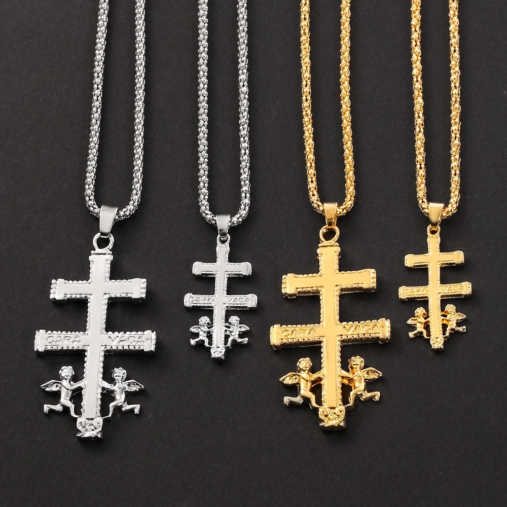 

Catholic Caravaca Crucifix Cross Necklace Cherub Angel Pendant Christian Necklaces For Women Men Jewelry