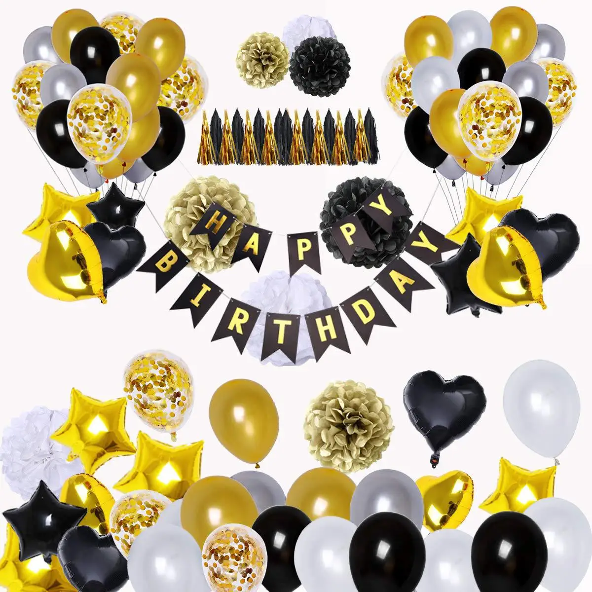 

99PCS Black Gold Happy Birthday Banner Party Decorations Confetti Star Heart Foil Balloons Paper Pompoms for Birthday Decor