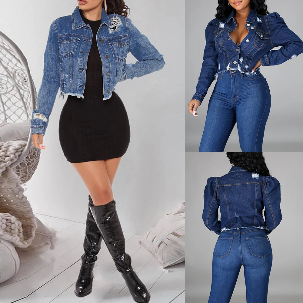Женская Повседневная рваная джинсовая куртка верхняя одежда свитер с длинным