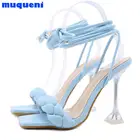 Новинка 2021, летние модные дизайнерские женские сандалии MUQUENI с переплетением, прозрачные сандалии на необычном высоком каблуке, женские Босоножки с открытым носком
