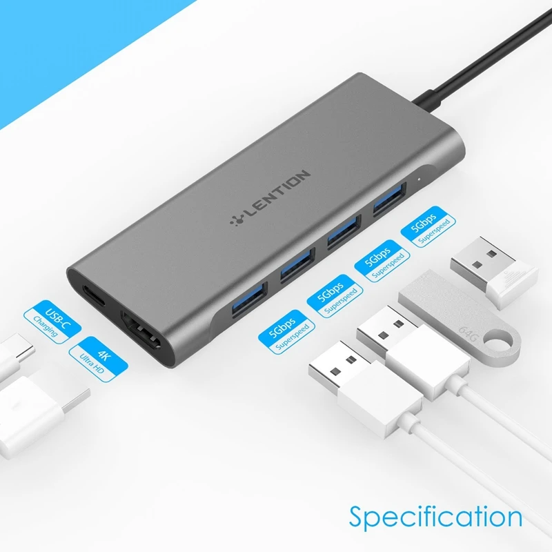 

LENTION C35H USB-C Multi-Port Hub with 4K HDMI-Compatible Output 4 USB 3.0 Type C Adapter for Pro 13/15/16 Gray