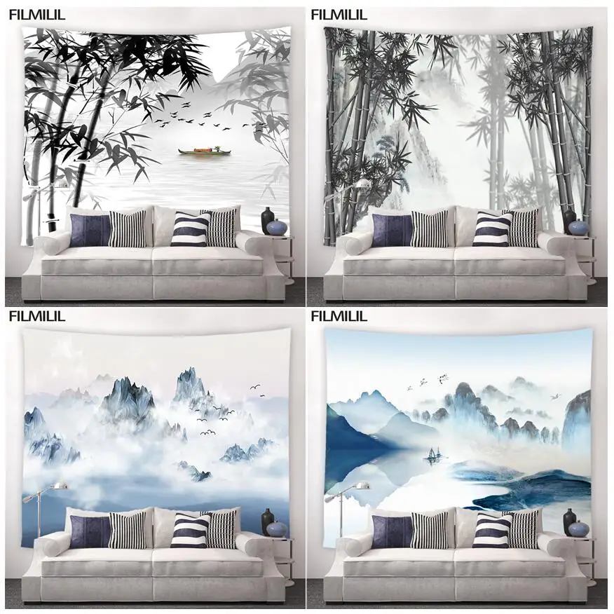 

Бамбуковый гобелен с чернилами в китайском стиле, лесная Гора, вода, домашний ландшафт, Настенный декор, ткань, шикарный настенный подвесной...