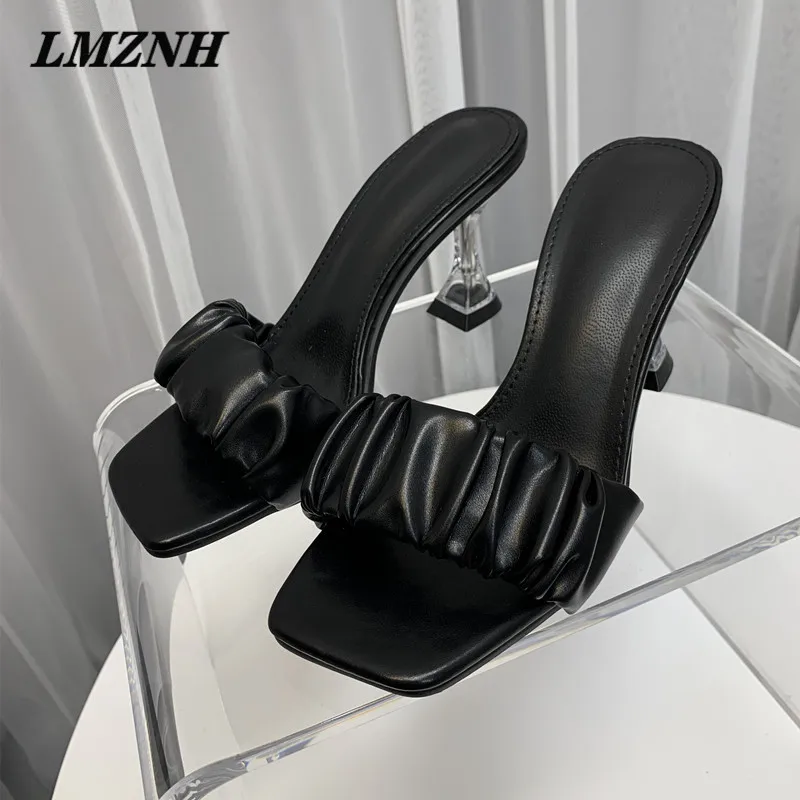 

Transparent Heel Sandals For Women Sexy Leather Wrinkle Square Toe Ladies Mules High Heels Slippers Female Summer Woman Shoes