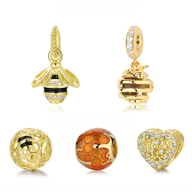 

Original 100% 925 Sterling Silver Bead Charm Honeybee Queen Bee Pendant Charms Shine Gold Fit Pandora Bracelet Women Diy Jewelry