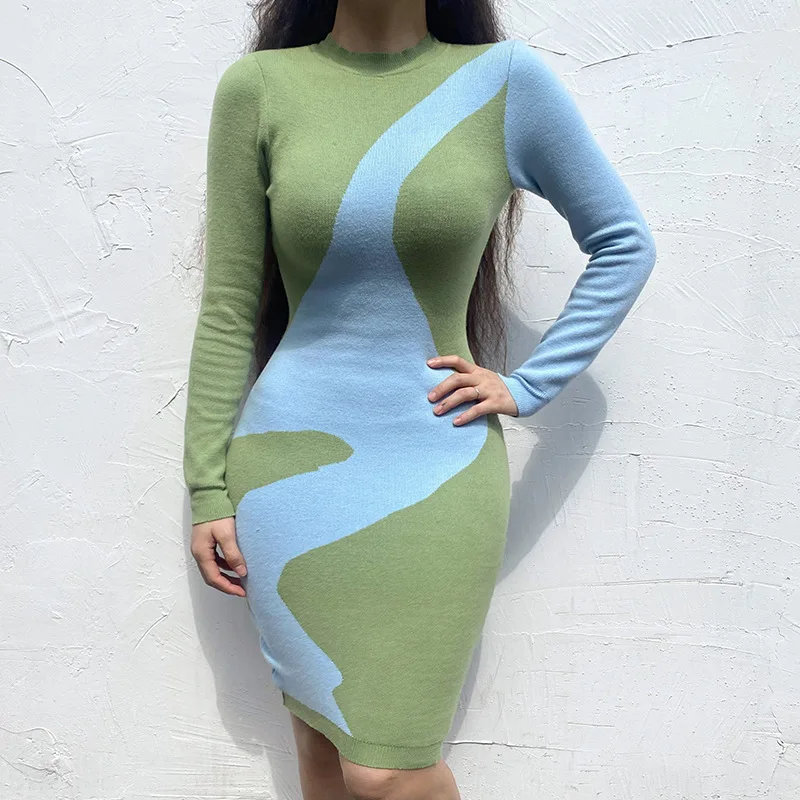 

WeiYao 2021 Autumn Slim Dress ins Women Patchwork Print Long Sleeves Sexy Midi Dresses Bodycon Streetwear Dress Harajuku