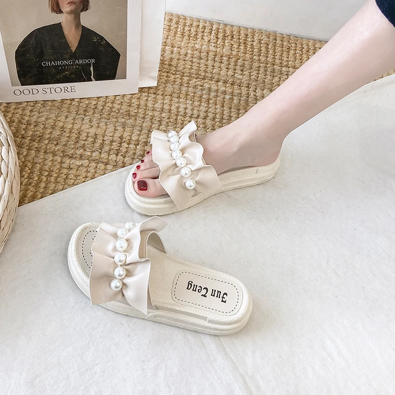 

String Bead Shoes Slippers Flat Platform Slipers Women Luxury Slides Low Flower Summer 2021 Designer Basic Rubber Fashion PU
