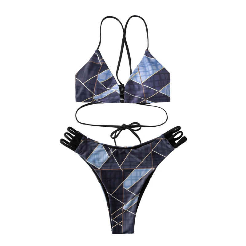 

Wasteheart Summer Blue Sexy Bikini Sets Women Swimsuit Backless Swimwear High Waist Bathing Suit Female Floral Solid Cross Back