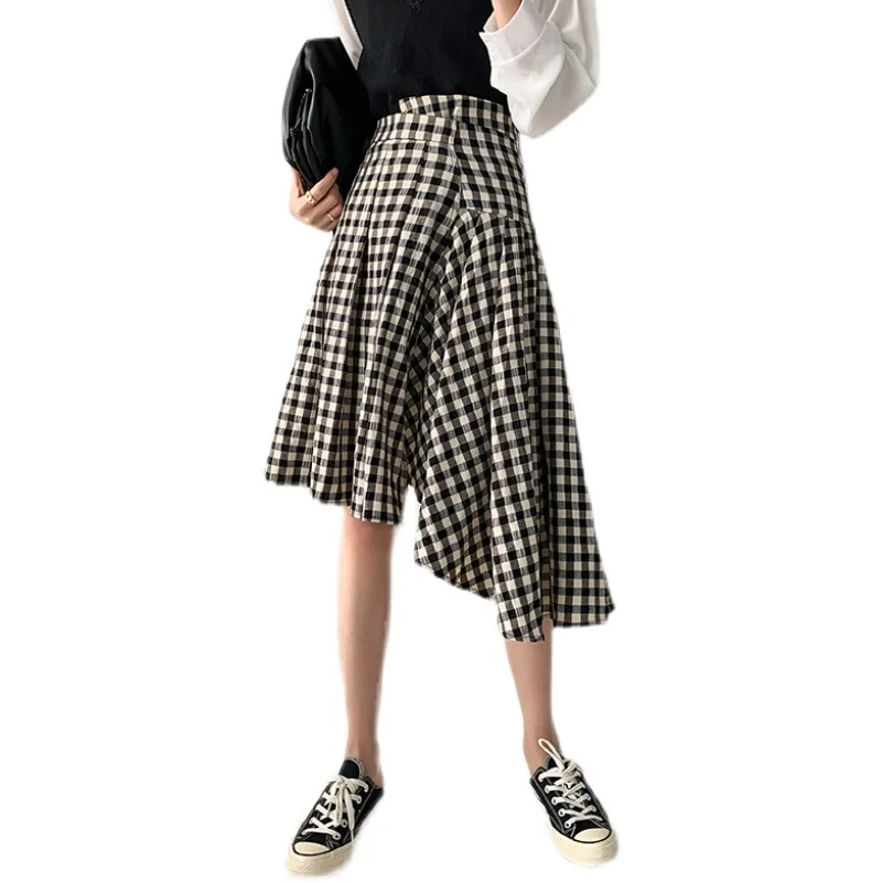 

Women Boho Plaid Print Elastic High Waist Pleated A Line Midi Skirt 2021 New All-Matched Irregular Bottom Skirts