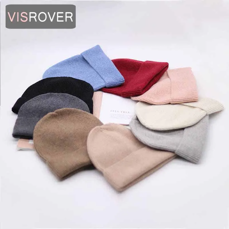 

9 colorways VISROVER new Autumn winter solid color real cashmere beanies for woman cashmere unisex Warm knitted hat wholesales