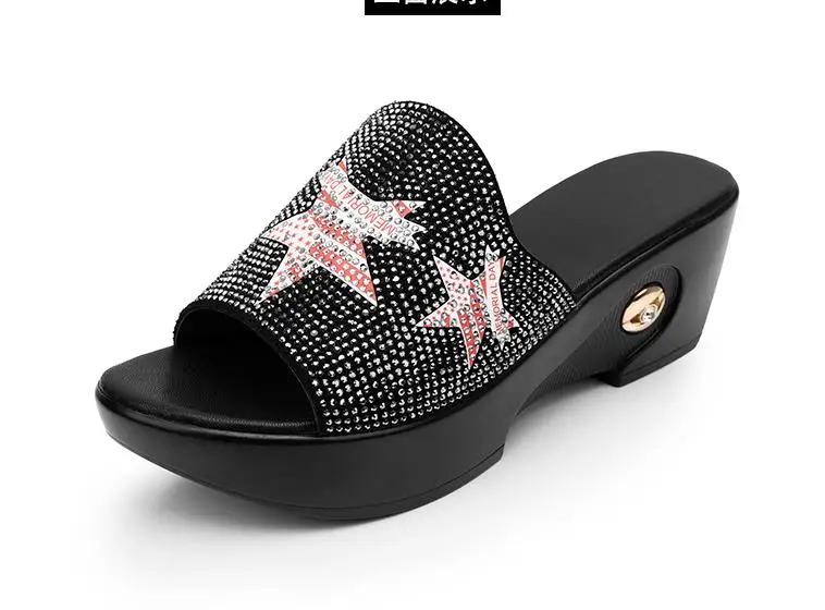 

Genuine Leather Slippers Summer New Wedge Shoes Female Fashion Leisure Sandals Rhinestone Antiskid Mother Slippers