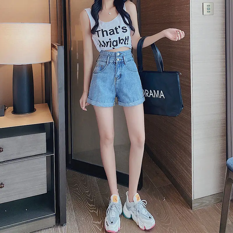 Шорты женские джинсовые с завышенной талией повседневные облегающие модные