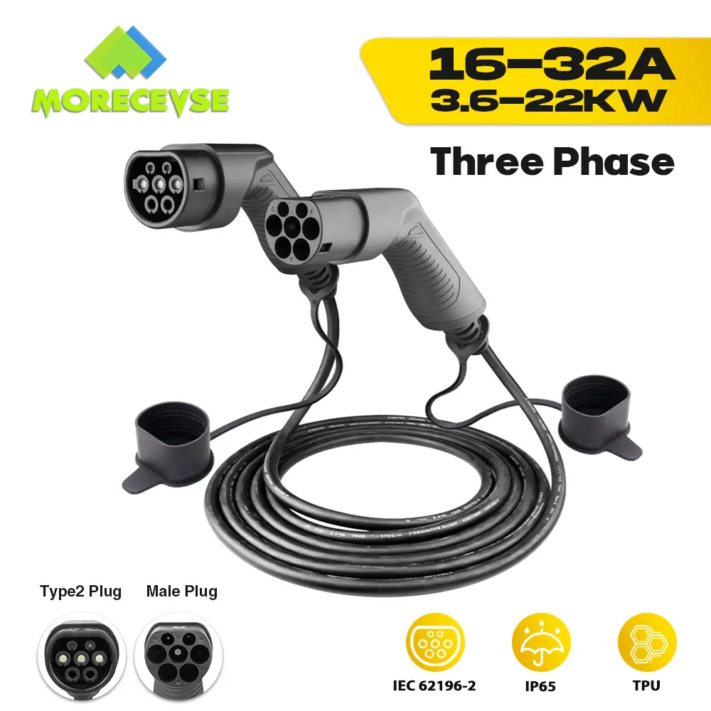Morec EV Car Charger Charging Cable 1 Phase or 3 Phase Electric Vehicle 16A-32A Type 2 Female to Male IEC 62196 Plug Length 5M