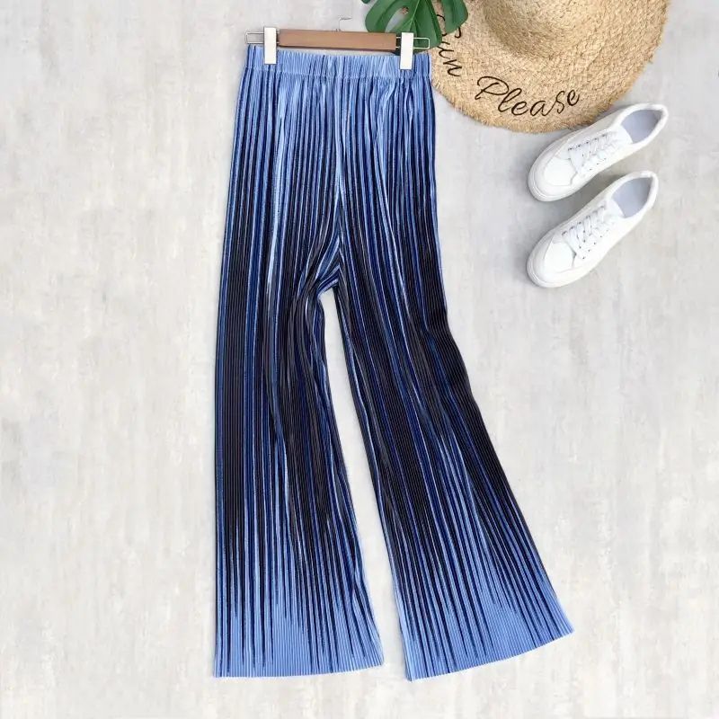

Женские летние брюки с широкими штанинами в полоску градиент Цвет синие длинные штаны с высокой талией, повседневные брюки на каждый день с...