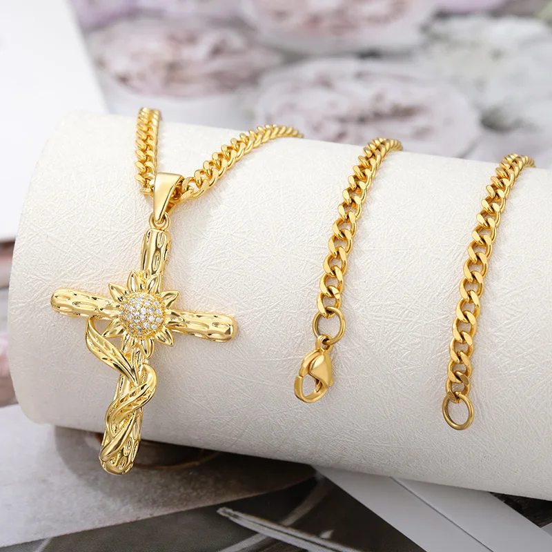 

Cross Necklace For Women Men Zircon Gold Sun Flower Choker Pendant Neck Chain Fashion Bijoux Femme Gifts For The New Year 2020