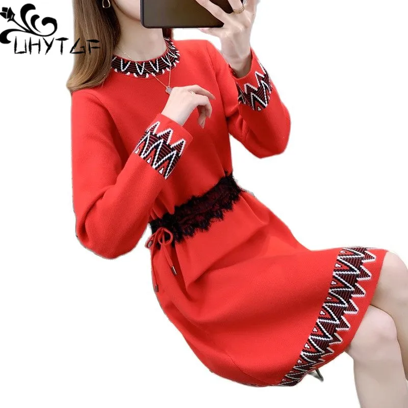 

UHYTGF Autumn Winter Sweater Dress Womens Long-Sleeved Pullover Knitted Sweaters Dresses Mid-Length Casual Loose Size Clothes 23