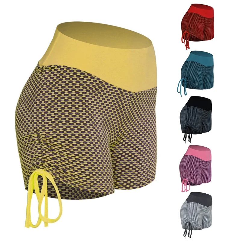 

M68C Women Summer High Waist Sport Fitness Shorts Mesh Honeycomb Butt Lifting Hot Pants Ruched Side Drawstring Yoga Workout Gym