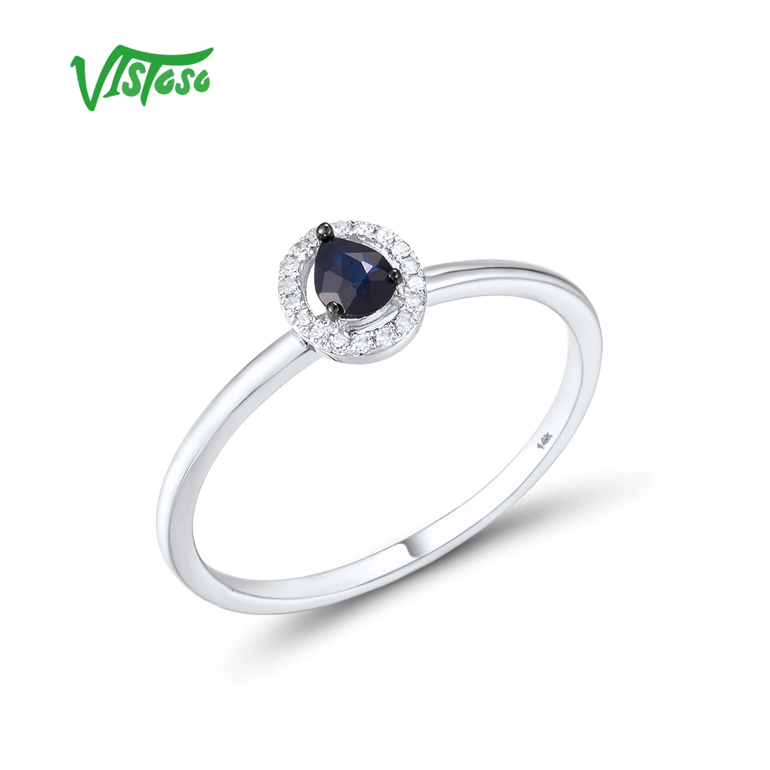 

VISTOSO Genuine 14K 585 White Gold Rings For Women Sparkling Blue Sapphire Diamond Stackable Rings Simple Style Fine Jewelry