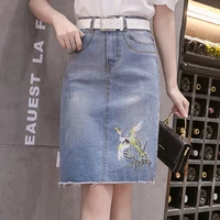 vintage new bird grass embroidered denim midi length skirt women tassel back split casual slim elegant jean skirts with pockets