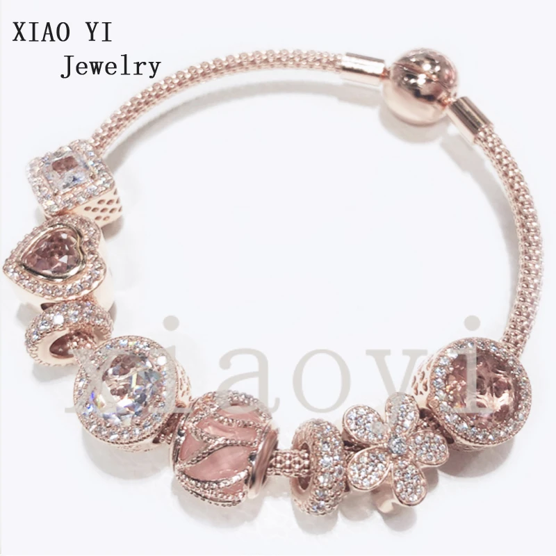 

XIAOYI 2020 new 100% s925 Rose color inlaid with zircon flower square love cat eyes gentle temperament Bracelet female
