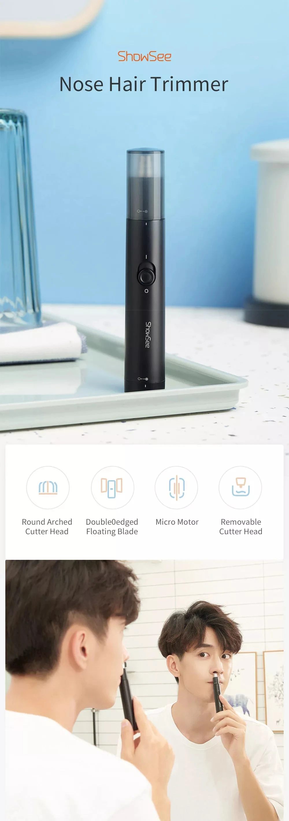 Xiaomi mijia ShowSee C1-BK Портативный электрический триммер для волос в носу Съемная моющаяся Двусторонняя вращающаяся на 360 ° режущая головка