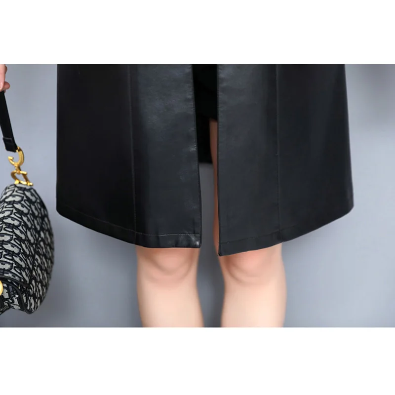 Женский Длинный тренчкот из искусственной кожи с отложным воротником Осень зима