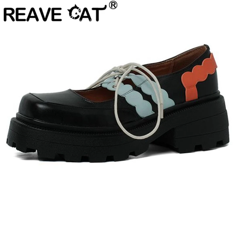 

REAVE CAT 2022 Spring Woman Pumps Square Toe Block Heels Full Grain Leather Lace-up Size 34-39 Mix Color Beige Black Sweet S2778