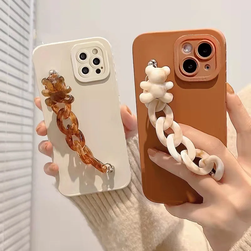 Korea Luxury Marble Amber Bracelet Wrist Chain Soft Case For iPhone 13 Pro Max 11 12 X XR XS Max 7 8 Plus Lovely Bear Back Cover