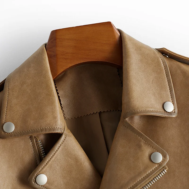 

JCHB 2021 Motorcycle Leather Jacket Women 100% Real Sheepskin Coat Female Short Clothes Spring Autumn Fashion Femme Veste Pph30