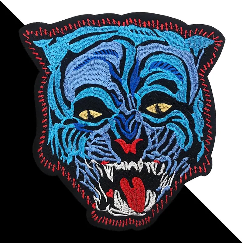 

Fashion Punk Style Embroidery Tiger Head Patches Iron On Stickers For Jacket Back Decoration Badges Stripe