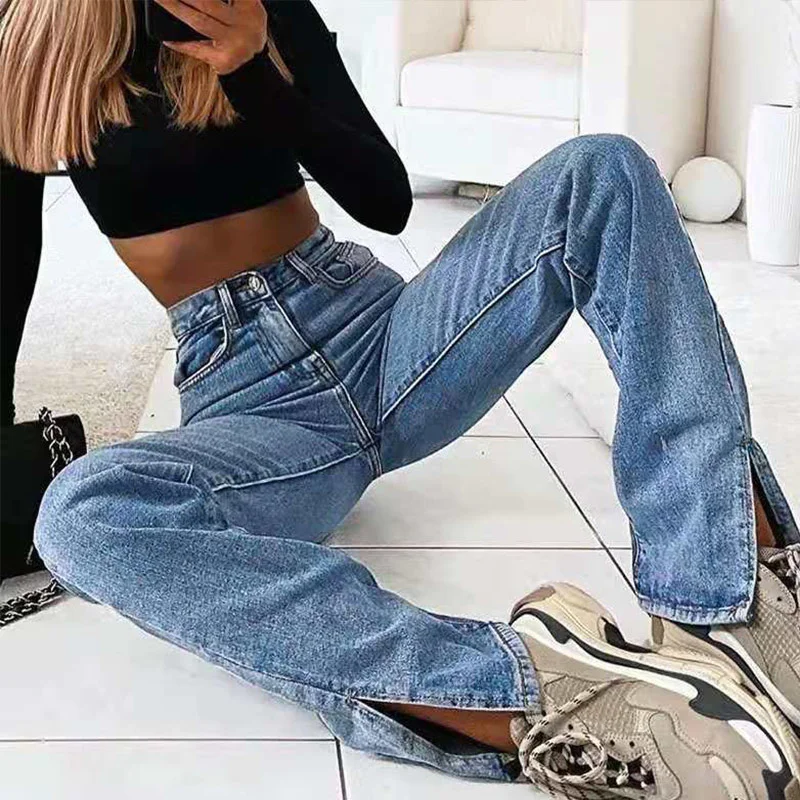 

Vintage split side brem women's brem breeches straight waist button fly female breeches thin 2021 autumn streetwear denim