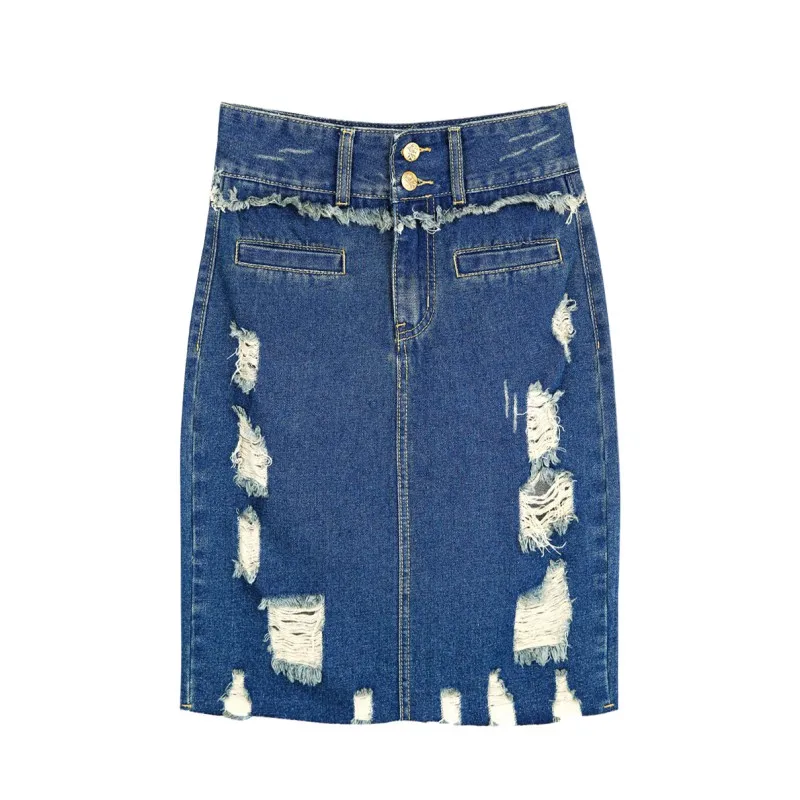 

Women's High Waist Denim Skirt Brushed And Edging Hole Summer Ladies Hip Skirt