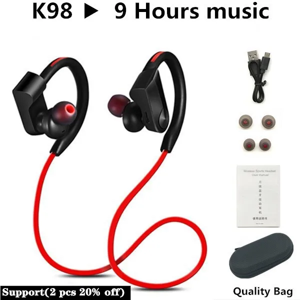 Спортивные Bluetooth наушники, беспроводные наушники, Bluetooth гарнитура, водонепроницаемый шумоподавитель с микрофоном для телефонов android ios - Цвет: K98 Red