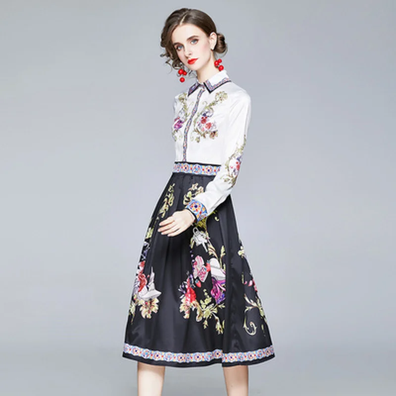 

Runway Designer Dress Women Autumn Winter Loose Plus Size Elegant Slim Dress Palace Print Long Sleeve Vintage Knee-length Dress