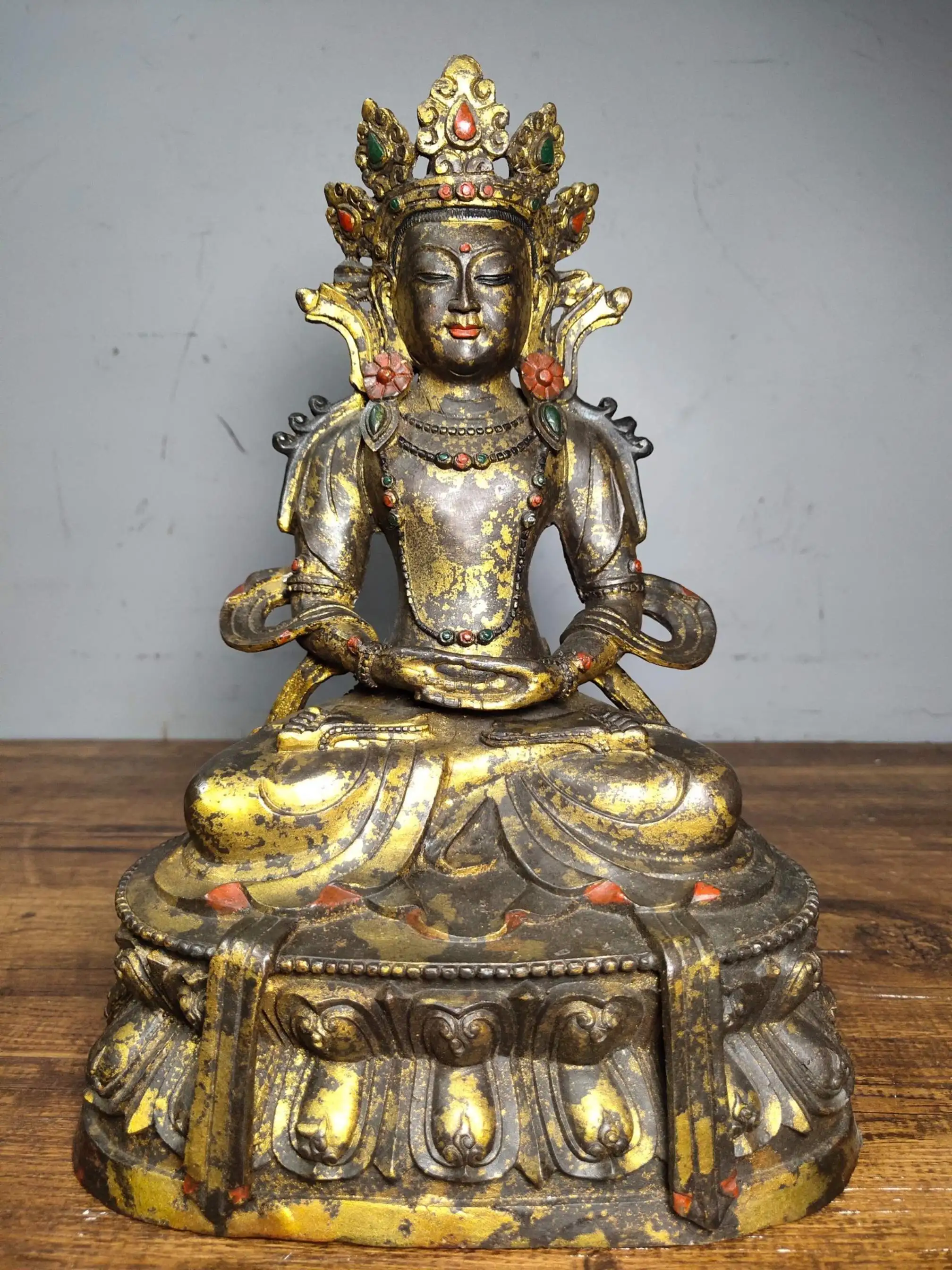

Home Decor 10" Tibet Buddhism Temple Old bronze Gilt White Tara Guanyin Bodhisattva Statue Avalokitesvara statue Amitabha Buddha
