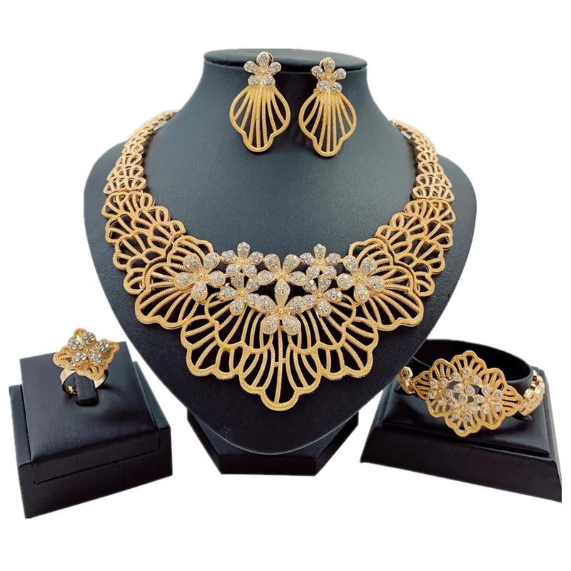 jewelry set 2 Luxury Dubai Jewelry Sets Bridal Jewelry Crystal Necklace Gold Ring Earrings Bracelet for Women Wedding Accessories Gifts - Окраска металла: jewelry set 2