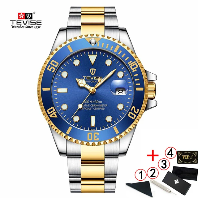 5-blue-gold-slv-box Tevise Luxury Waterproof Automatic Men Mechanical Watch Auto Date Steel Business Top Brand Man Watches Water Resistant - Color: 5-blue-gold-slv-box