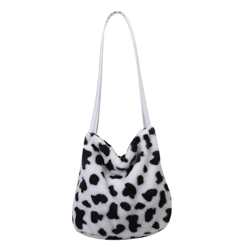 

Soft Plush Cow Pattern Women Purse Handbags Fashion Ladies Small Tote Bag Casual Large Capacity Female Bucket Shoulder Bags