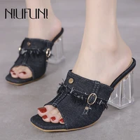 niufuni women slippers denim blue rivet mule transparent crystal heel sandals slippers peep toe slip on slides party shoes woman