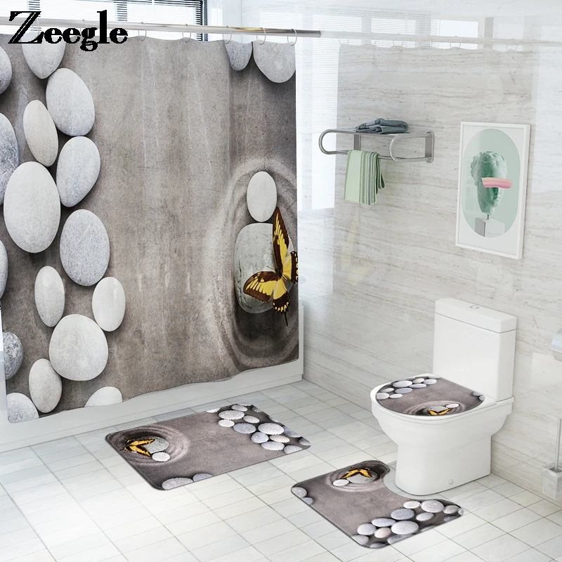 

Stone Pattern Bathroom Bath Mat with Waterproof Shower Curtain Set Non Slip Toilet Mat Bathroom Carpet Rugs 4pieces/set