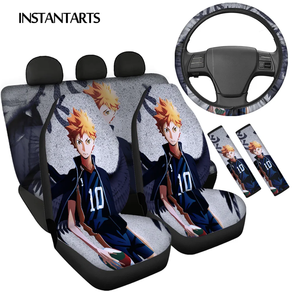 

INSTANTARTS мультяшный дизайн Haikyuu противоскользящие искусственные передние/задние чехлы на сиденья автомобиля Легкая очистка чехлы на автомоб...