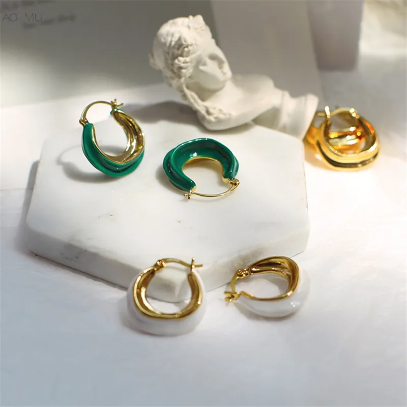 Женские винтажные серьги гвоздики AOMU геометрические нестандартные с зеленой