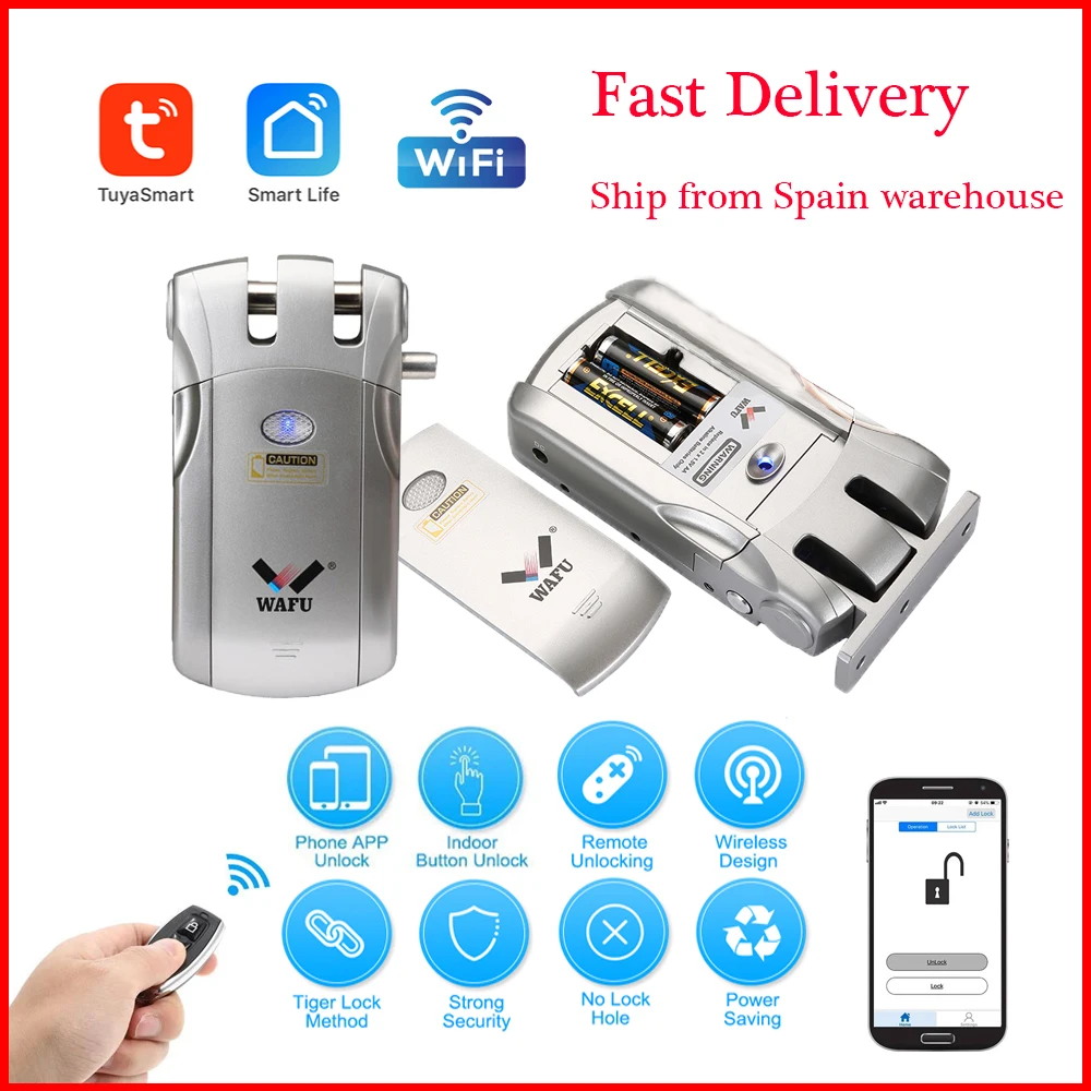 

Wafu 019 Remote control Door Lock Wireless wifi Smart Lock Electronic Keyless Door Invisible Lock Phone Control Locks Spain Ship