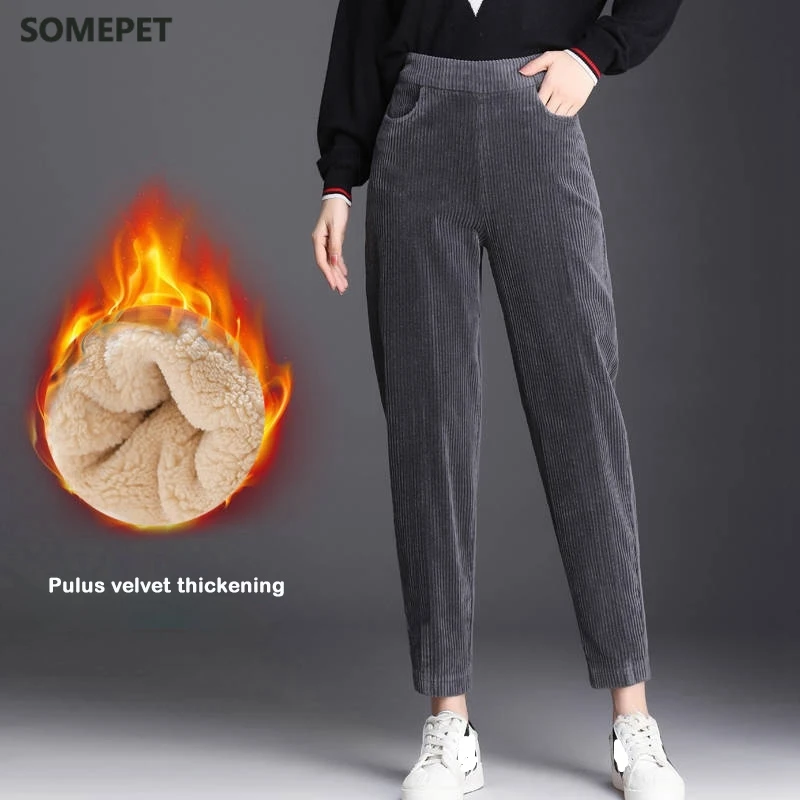 

Winter Women's Corduroy Warm Pants Casual Thick Plush Female Long Pants Elastic High Waist Harem Pants Fleece Trousers