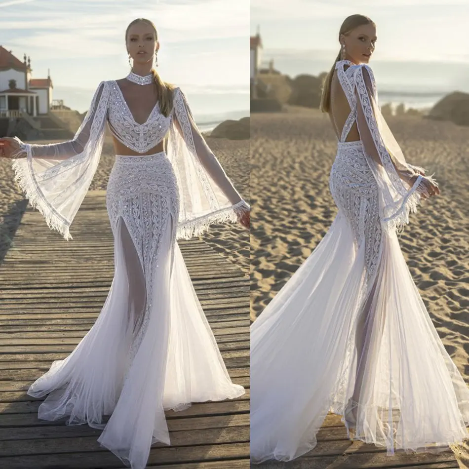 Сексуальные богемные Свадебные платья русалки 2020 свадебные с высоким воротником
