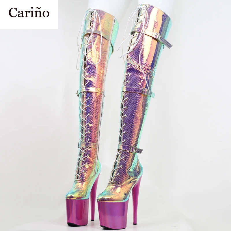 

Сапоги выше колена на платформе и высоком каблуке 20 см, сапоги-Чулки со змеиным принтом и голограммой на перекрестной шнуровке, размер 36-43