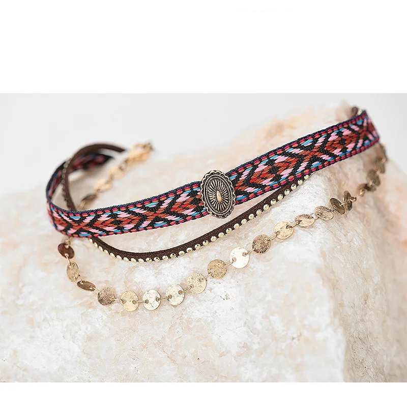 

Bohemian Retro Personality Clavicle Female Women Necklace European and American National Wind Collar Three-Fold Necklace